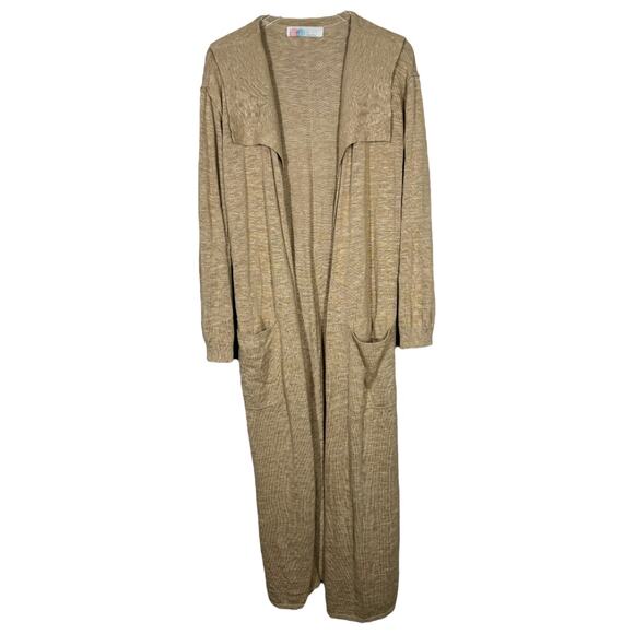 Free People Beach Long Slub Knit Cardigan Sweater Large Tan Boho Casual Belted - Picture 2 of 7